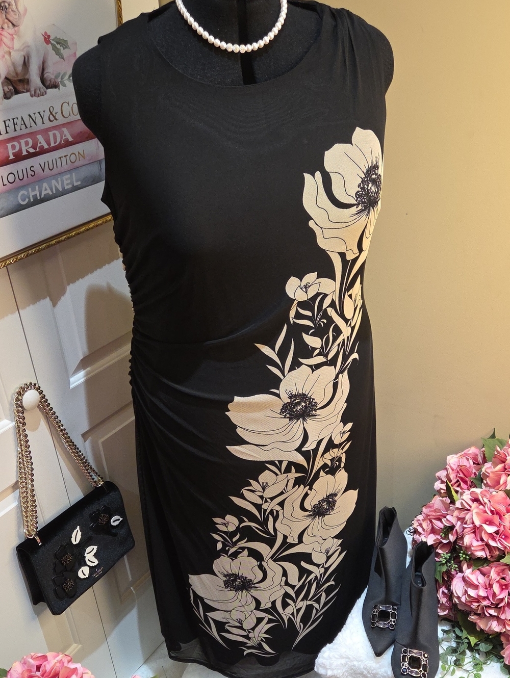 Nwt 2X Rachel Zoe Black Maxi Dress with Cream Floral Motif - Picture 10 of 16